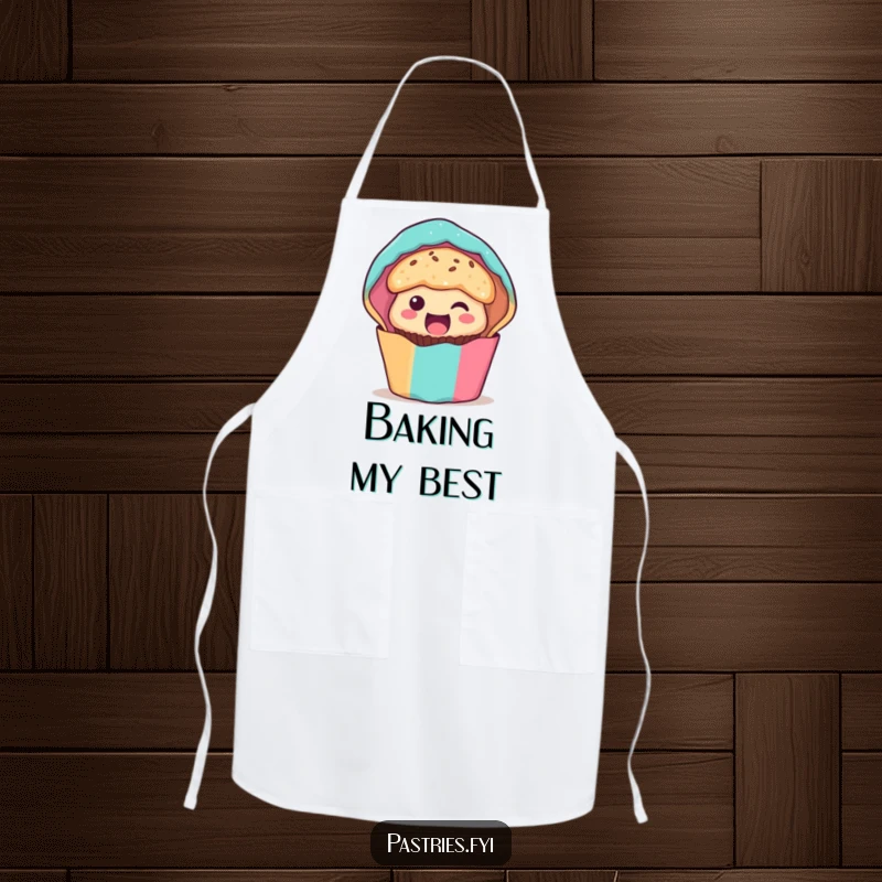 Funny muffin character apron, peeking excitedly from its colorful wrapper, a humorous and practical accessory for any kitchen.