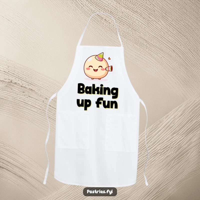 Funny Apron showing a giggling macaroon with an open mouth and wide smile, blowing a party horn.