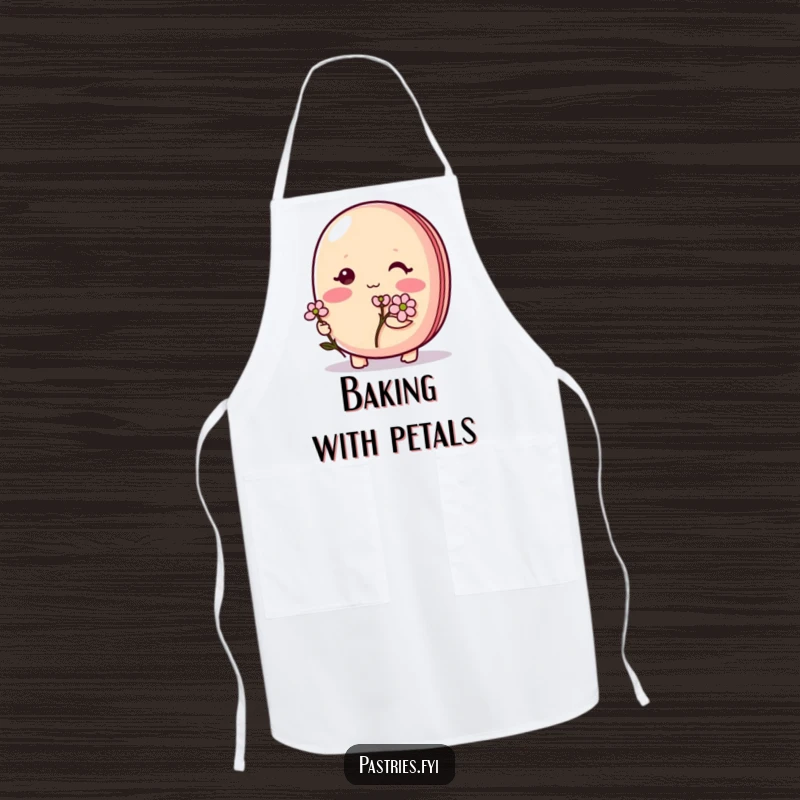 Funny Macaron Apron: A shy macaron character blushing while holding a small flower, perfect for a sweet kitchen.