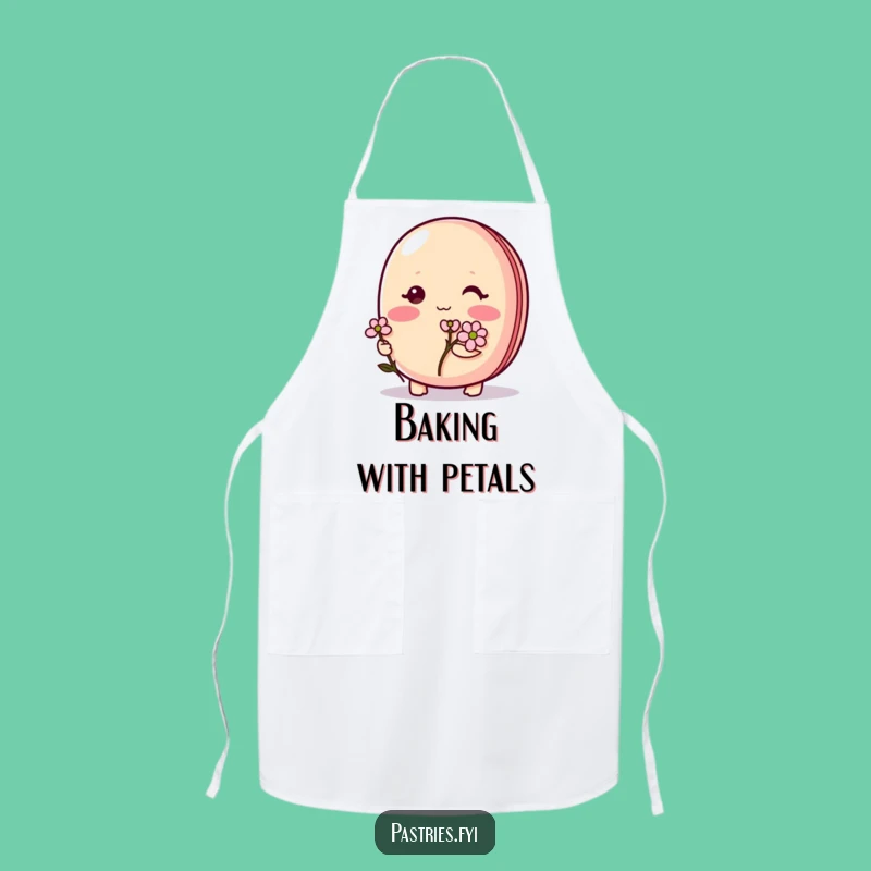 Funny Shy Macaron Apron: Blushing character w/ flower, perfect kitchen funny gift.