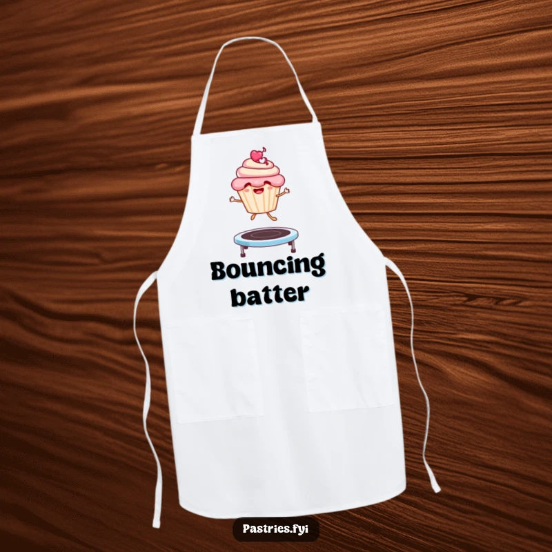 Funny Apron: A smiling cupcake character gleefully jumping on a trampoline, ready for kitchen fun and laughter.