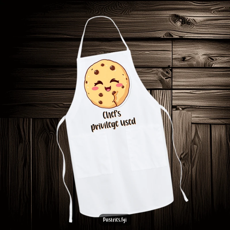 Funny chef apron depicting a cheeky cookie character winking with a bite missing, designed for kitchen fun and humor, a funny gift.