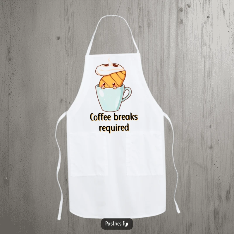 Funny shy croissant character peeking from behind a coffee cup, featured on a kitchen apron. Adds a gentle touch to cooking.