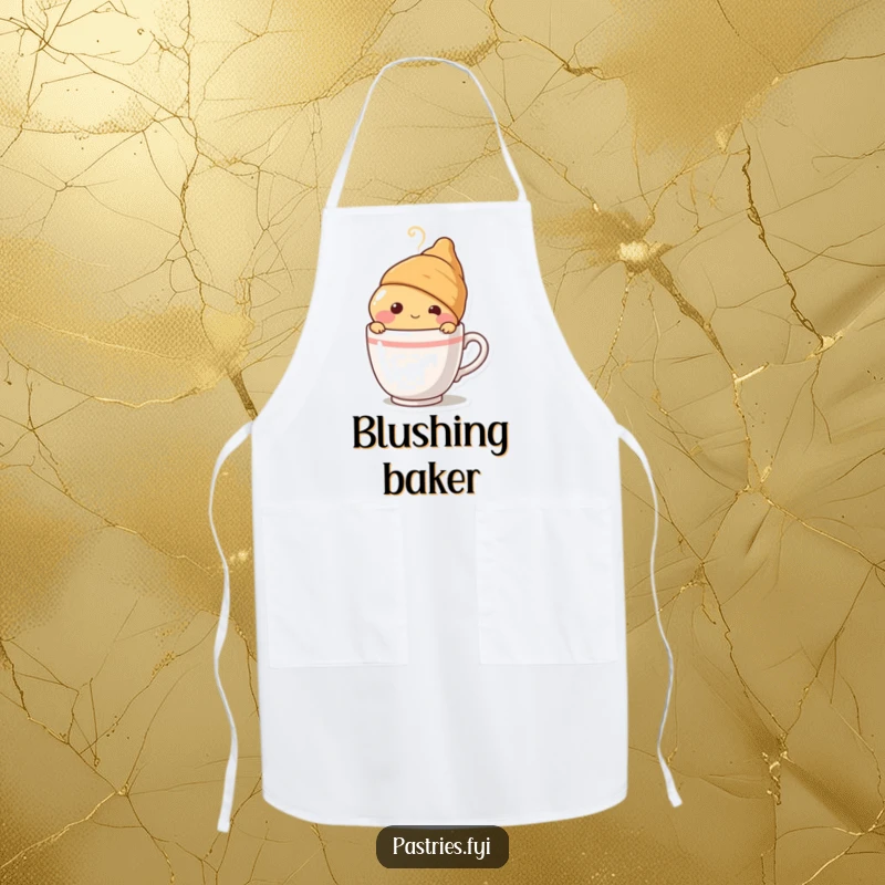 Funny blushing croissant character peeking from behind a steaming coffee cup, featured on a functional apron, making kitchen tasks more amusing.