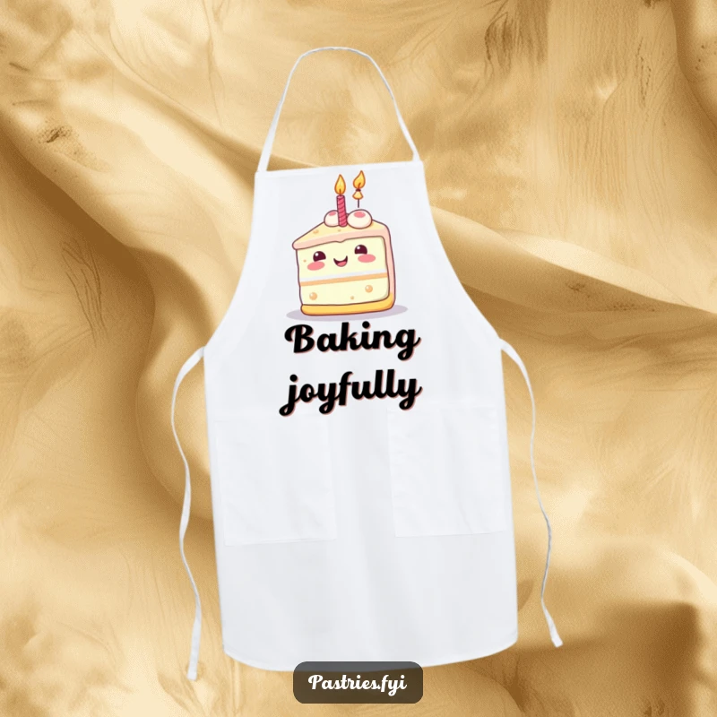 Funny cake slice apron with a joyful Kawaii character and lit candle, ideal for a cheerful baker.