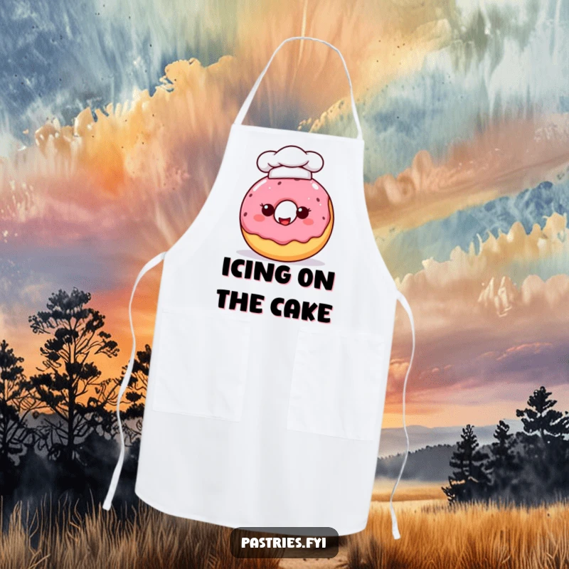 Funny donut character wearing a chef hat, depicted on an apron for a humorous and delightful baking experience.