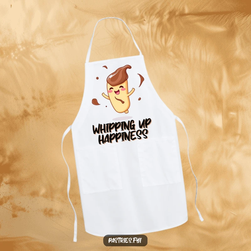 Funny apron featuring a delighted churro character, covered in chocolate dip, gleefully performing a celebratory twirl.