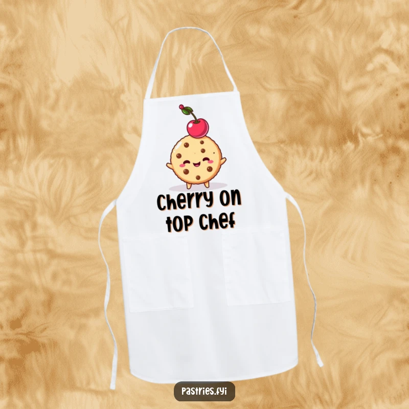 Funny cookie character wearing an apron while balancing a cherry on its head. Great for kitchen fun.