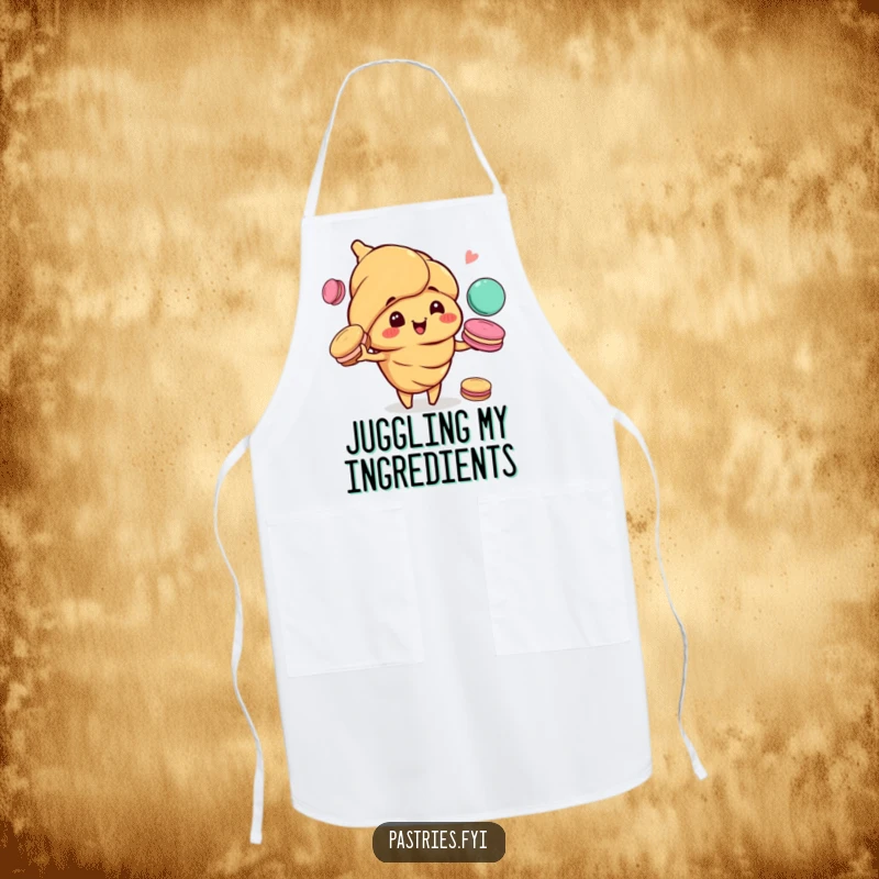 Funny apron showing a happy croissant character, mischievous grin, juggling colorful macarons while in a kitchen setting.