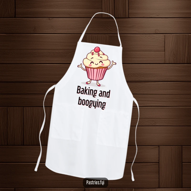 Funny Apron showcasing a joyful cupcake character doing a silly jig, bringing humor to kitchen tasks.