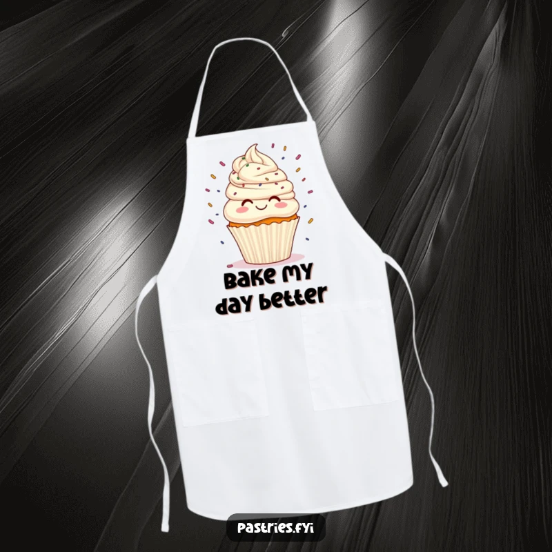 Funny cupcake with frosting hair expertly juggling tiny sprinkles while cooking, a humorous and practical apron.