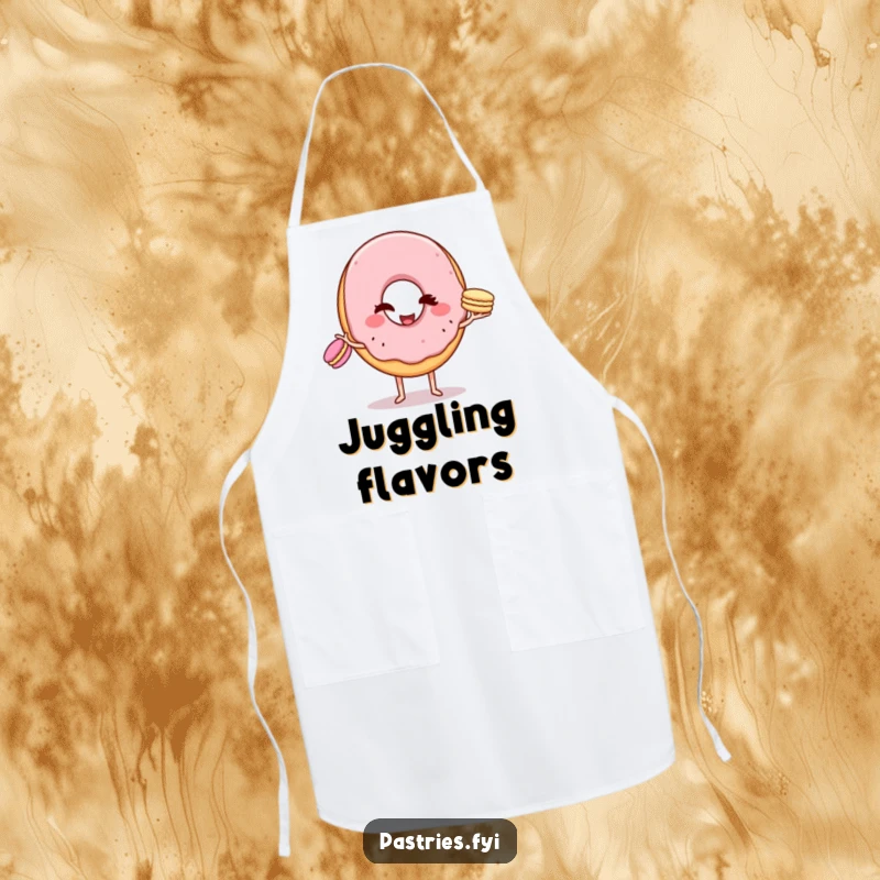 Funny Apron: A winking donut character skillfully juggling three tiny macarons, ready for culinary adventures with a humorous spirit.
