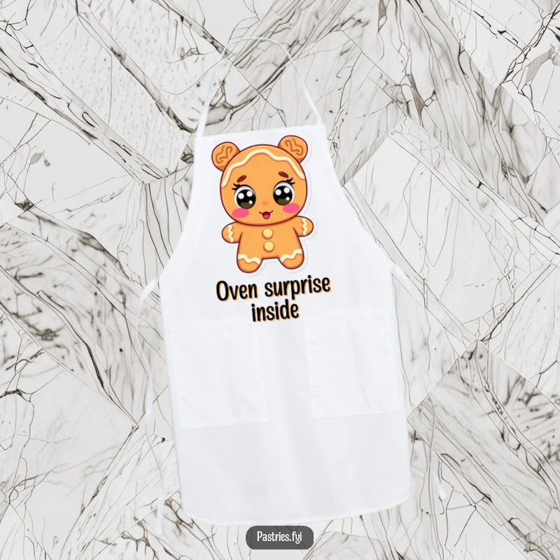 Funny gingerbread apron, a character with icing eyes wide in surprise, perfect for bakers who enjoy a comical baking experience.