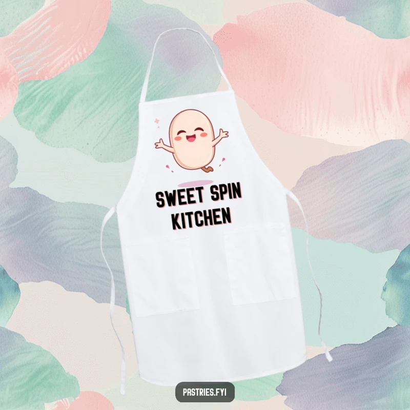 Funny macaron character doing a pirouette with a sugary trail, featured on a kitchen apron. Adds elegance to cooking.