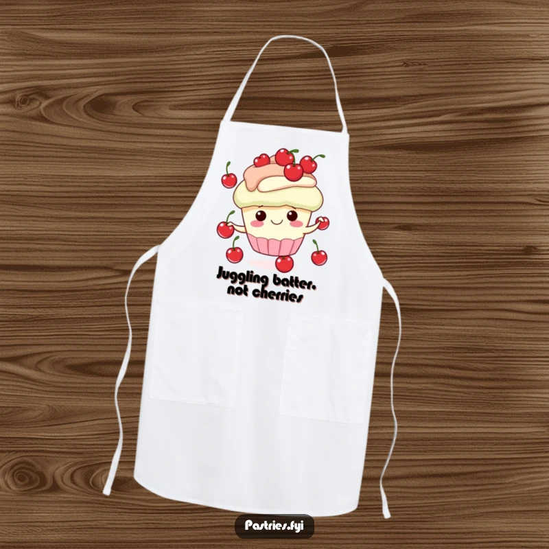 Funny apron showcasing a happy cupcake character juggling cherries, designed for kitchen fun and protecting outfits with a smile.