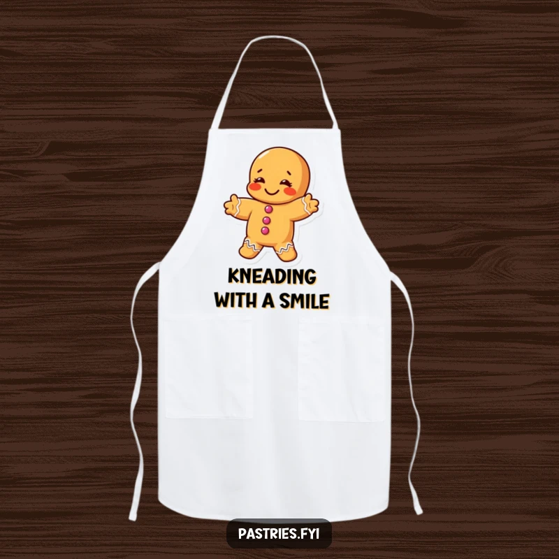Funny apron with a chubby gingerbread man character doing a silly stretch, ideal for kitchen fun and bakers.