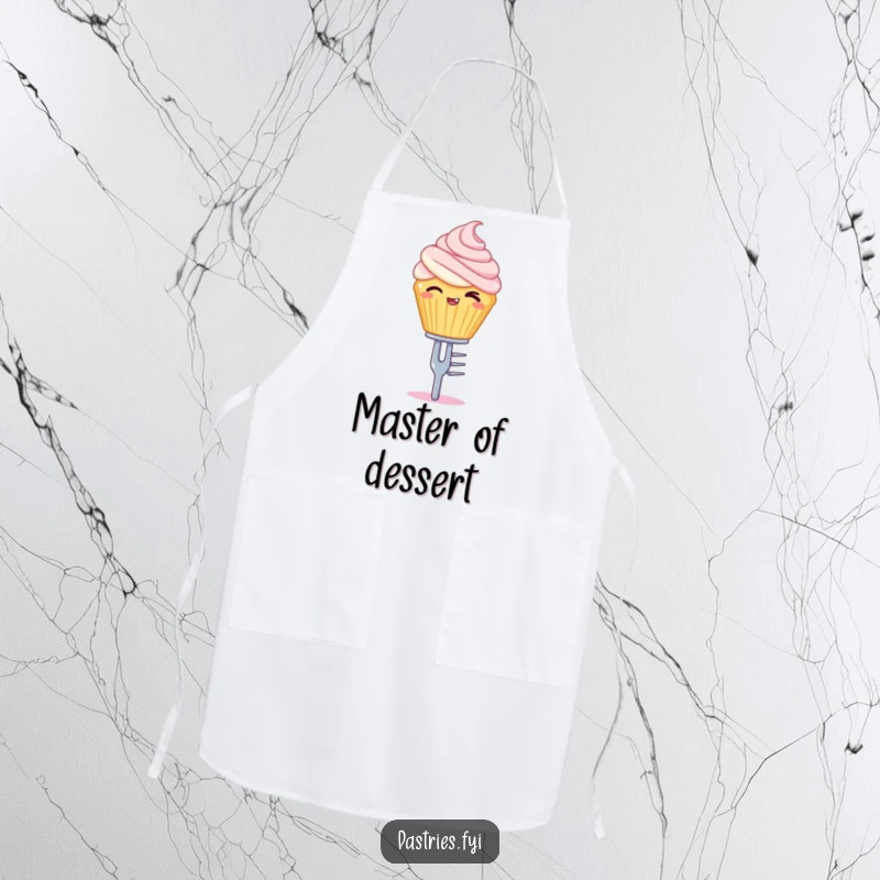 Funny apron featuring a winking cupcake character balancing on a tiny silver fork, ready for baking.