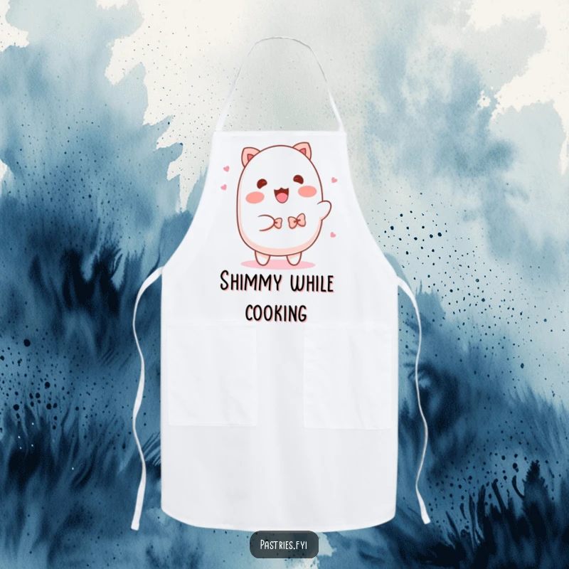 Funny Mochi Apron: A cute mochi character cooking and shimmying stylishly, complete with tiny bowties.