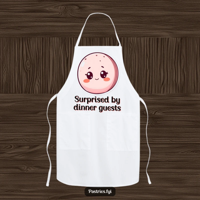 Funny apron design of a surprised macaron character with wide eyes and blushes, perfect for kitchen fun and protecting clothes.