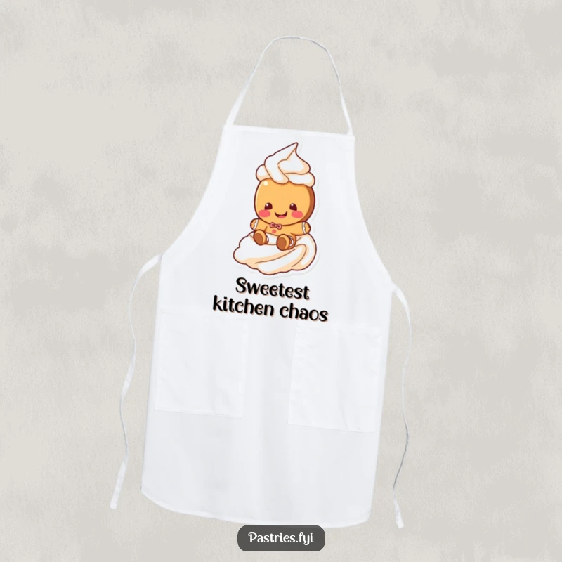 Funny gingerbread cookie apron featuring a giggling cookie character sliding down a frosting swirl, designed for humorous holiday baking wear.
