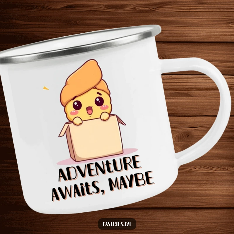 Funny camping mug showing a surprised croissant character comically popping out of a box, perfect for outdoor trips, a humorous gift.