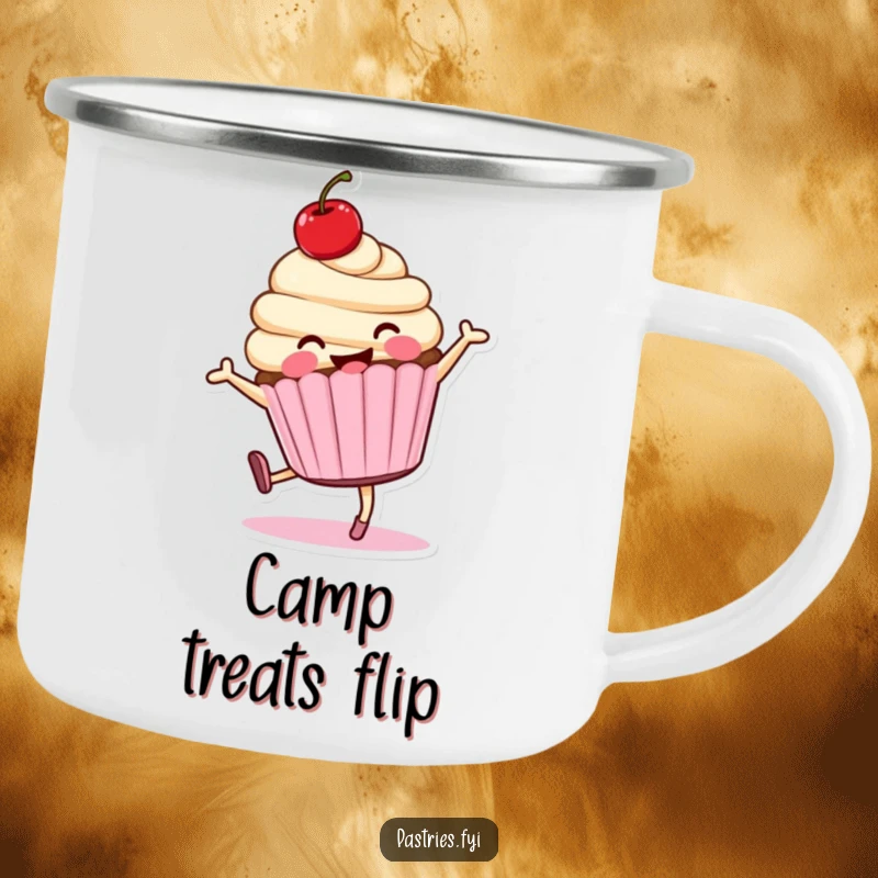 Funny cartwheeling cupcake character camping mug, smiling and energetic, perfect for outdoor beverages.