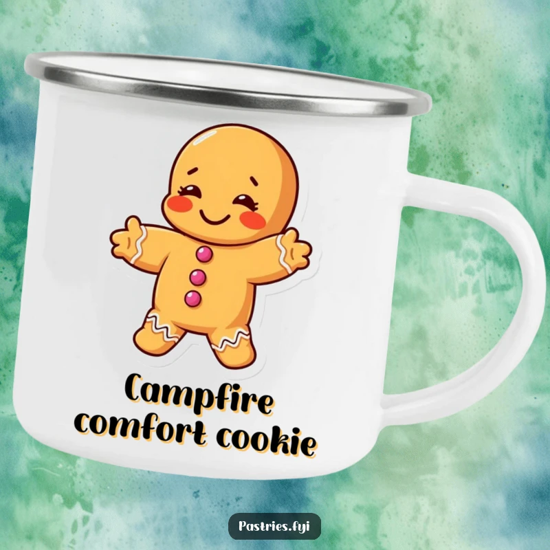 Funny camping mug featuring a chubby gingerbread man character doing a silly stretch, perfect for outdoor fun and humor.