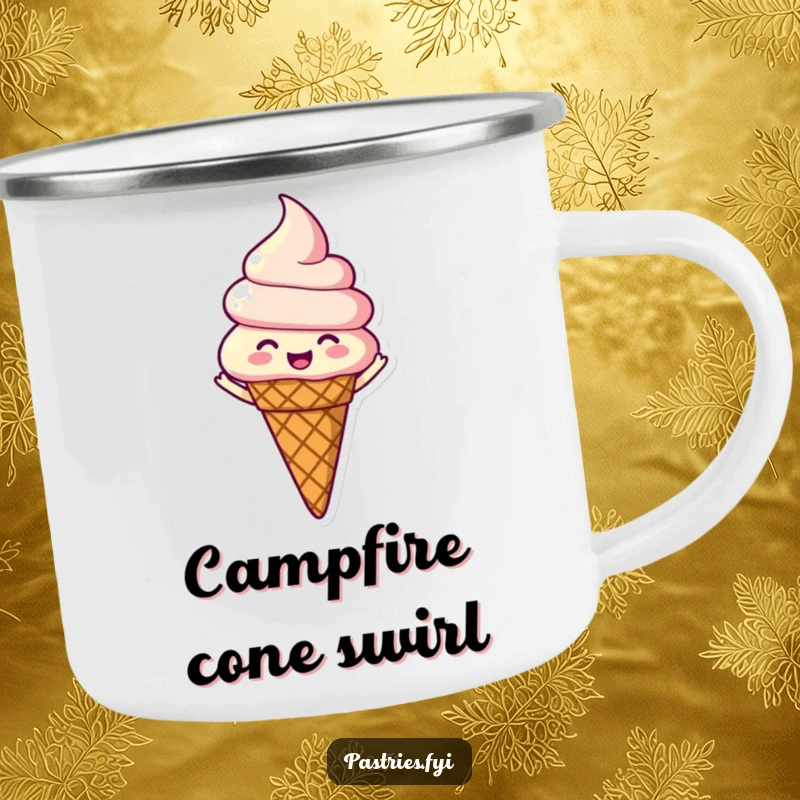 Funny camping mug featuring a happy ice cream cone character spinning joyfully, bringing sweet party vibes to the great outdoors.