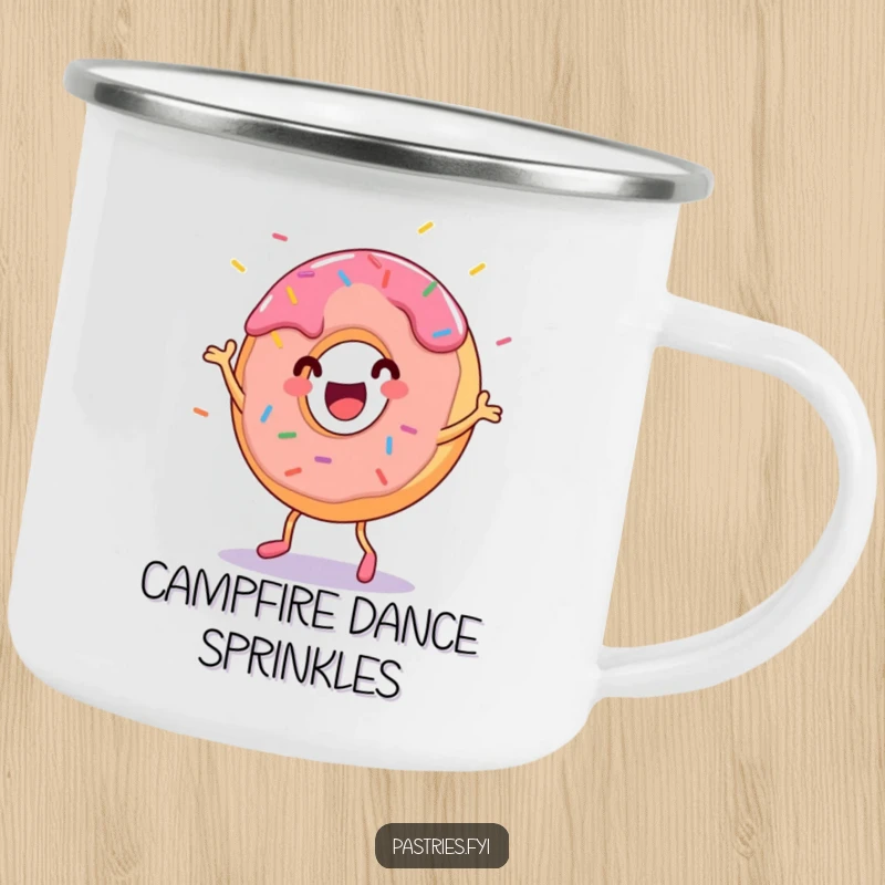 Funny donut character dancing with sprinkles flying, designed for a durable camping mug. Perfect for outdoor celebrations.