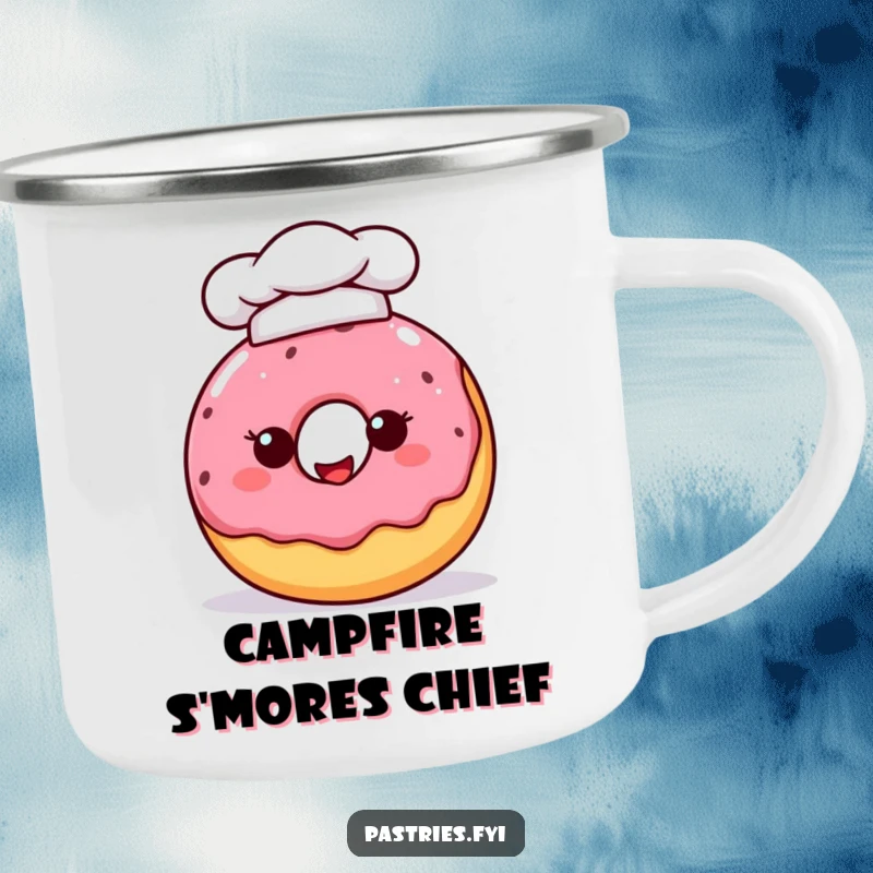 Funny donut character wearing a chef hat during an outdoor adventure, perfect for sipping warm drinks with a sweet, humorous vibe.