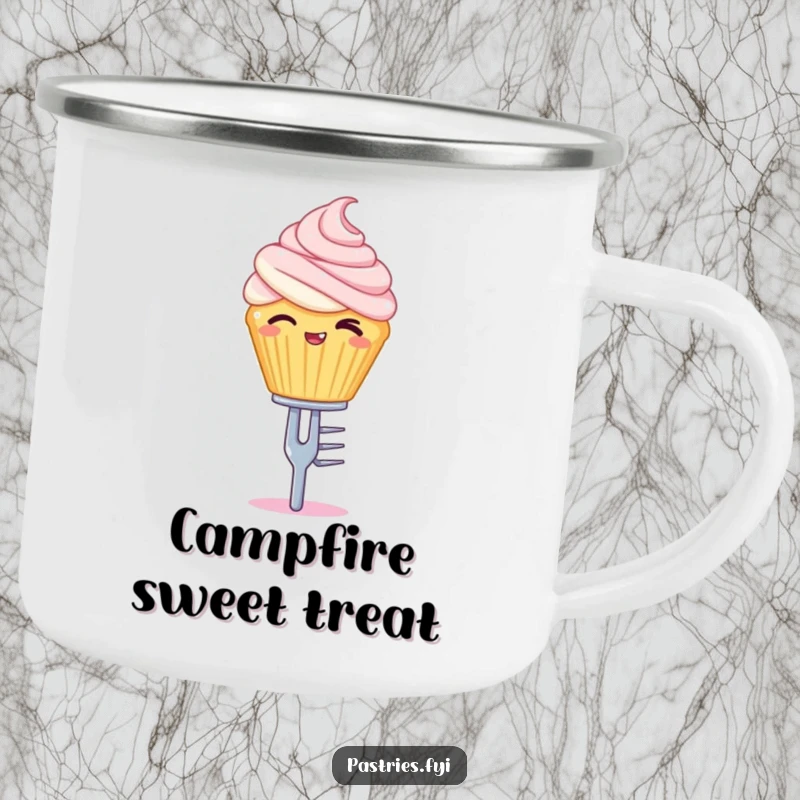 Funny camping mug featuring a winking cupcake character balancing on a tiny silver fork, great for outdoor enjoyment.