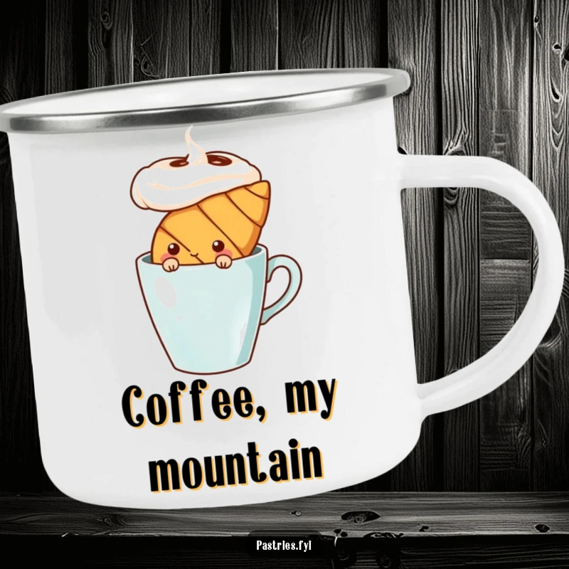 Funny shy croissant character peeking behind a coffee cup, designed for a durable camping mug. Perfect for peaceful outdoor moments.