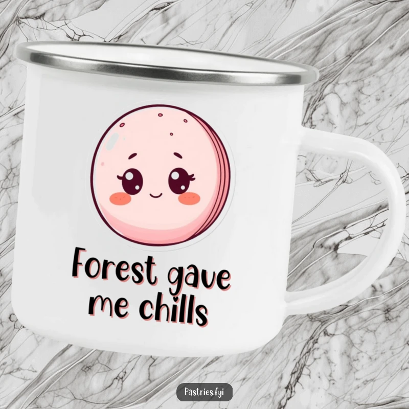 Funny camping mug with a surprised macaron character wide-eyed and blushing, ready for any adventure with a humorous touch.