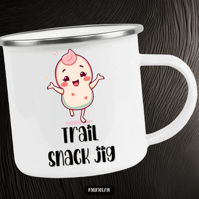 Funny camping mug featuring a happy candy character doing a silly jig, bringing sweet party vibes to the great outdoors.