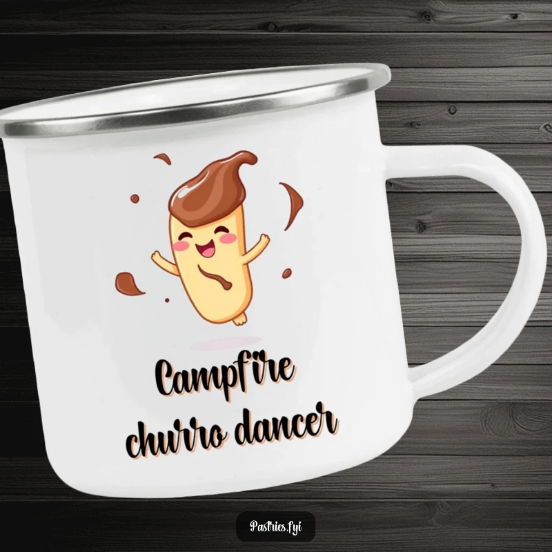 Funny camping mug with a delighted churro character, covered in chocolate dip, joyfully twirling, ready for adventure.