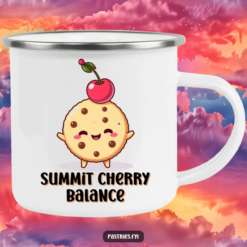Funny cookie character balancing a cherry on its head, designed for a durable camping mug. Ideal for outdoor fun.