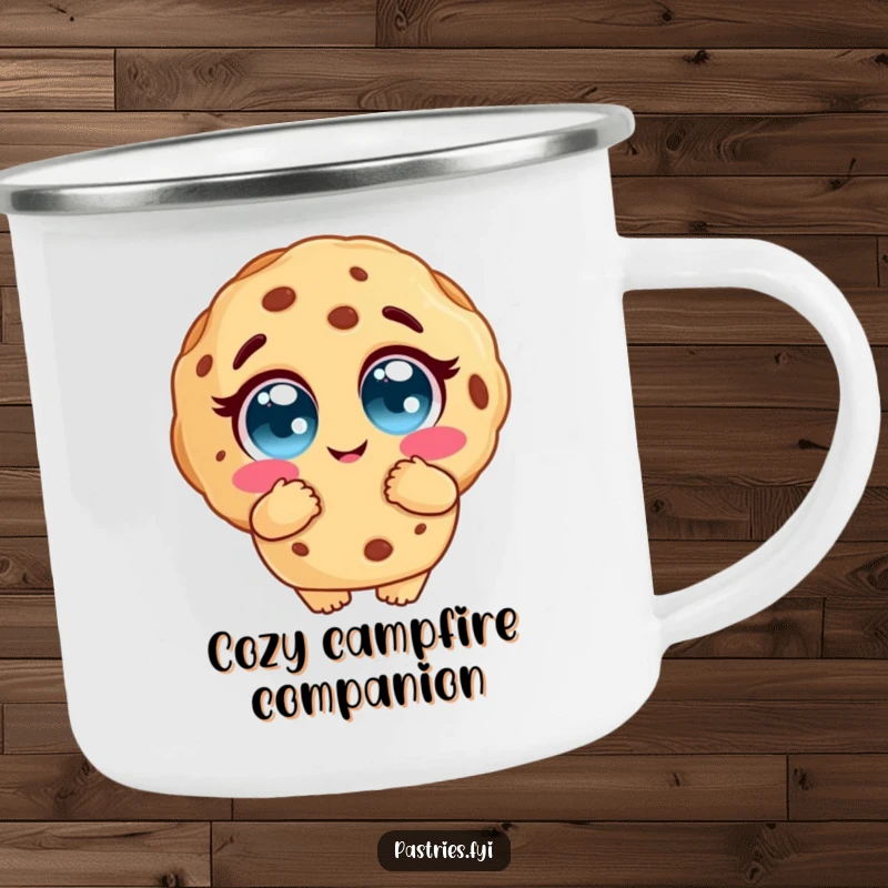 Funny cookie camping mug with a cookie character giving a warm hug, perfect for enjoying beverages outdoors and adding a sweet touch to camping.