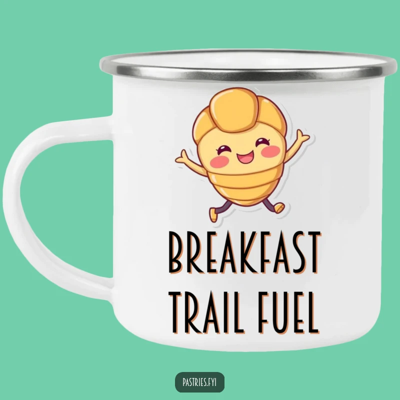 Funny Croissant Camping Mug: Leaping Pastry Character for Outdoor Adventures