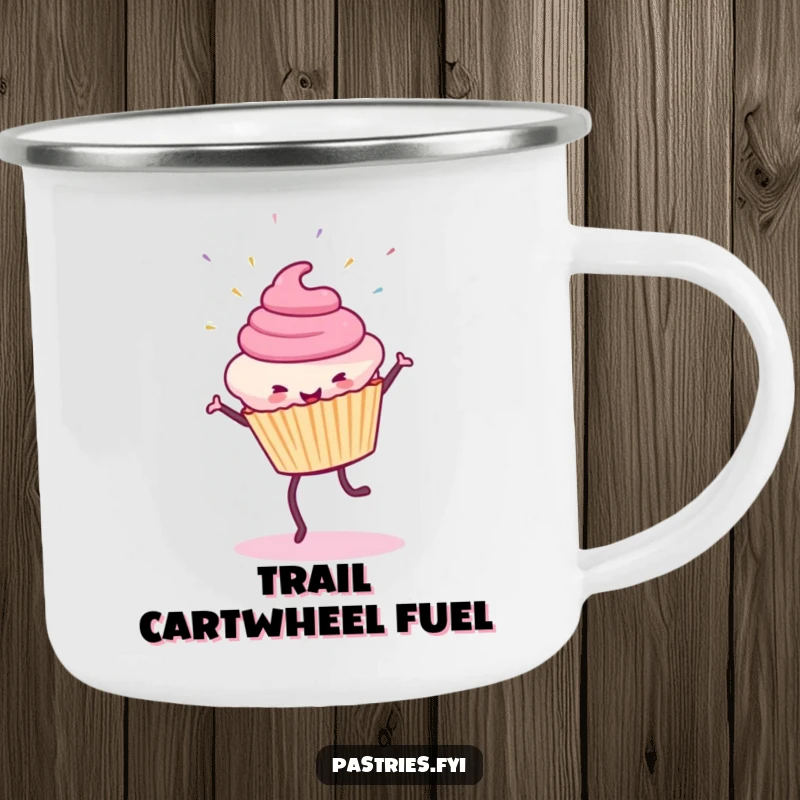 Funny Cupcake Camping Mug: A durable mug showing a smiling cupcake mid-cartwheel with flying sprinkles.