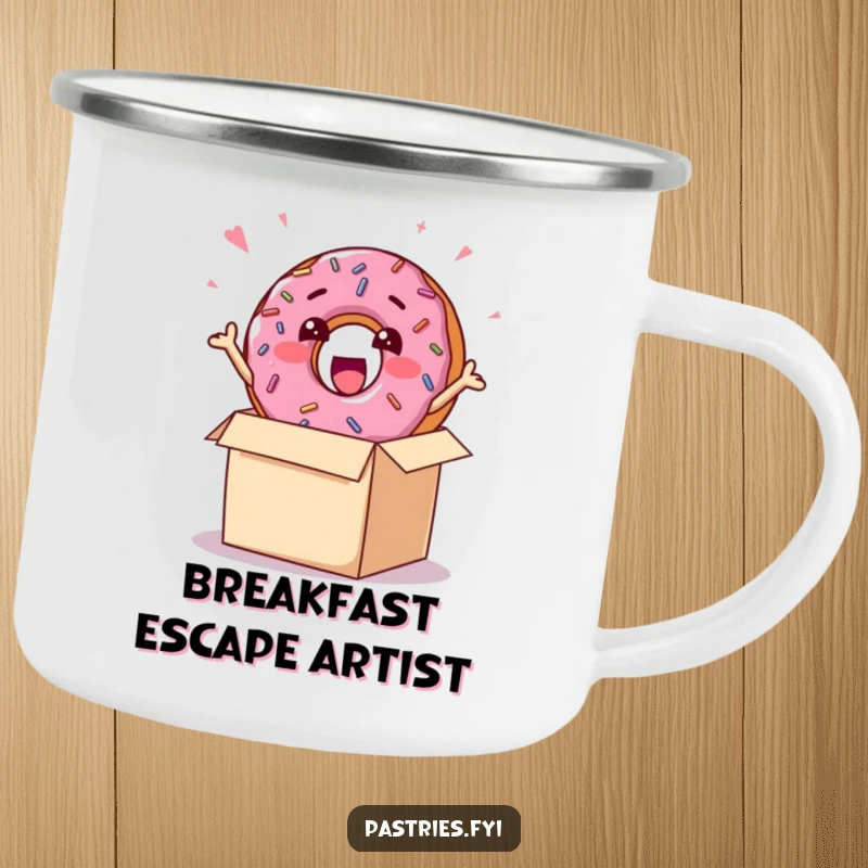 Funny camping mug featuring a happy donut character with sprinkles, bursting excitedly out of a box, ready for outdoor fun.