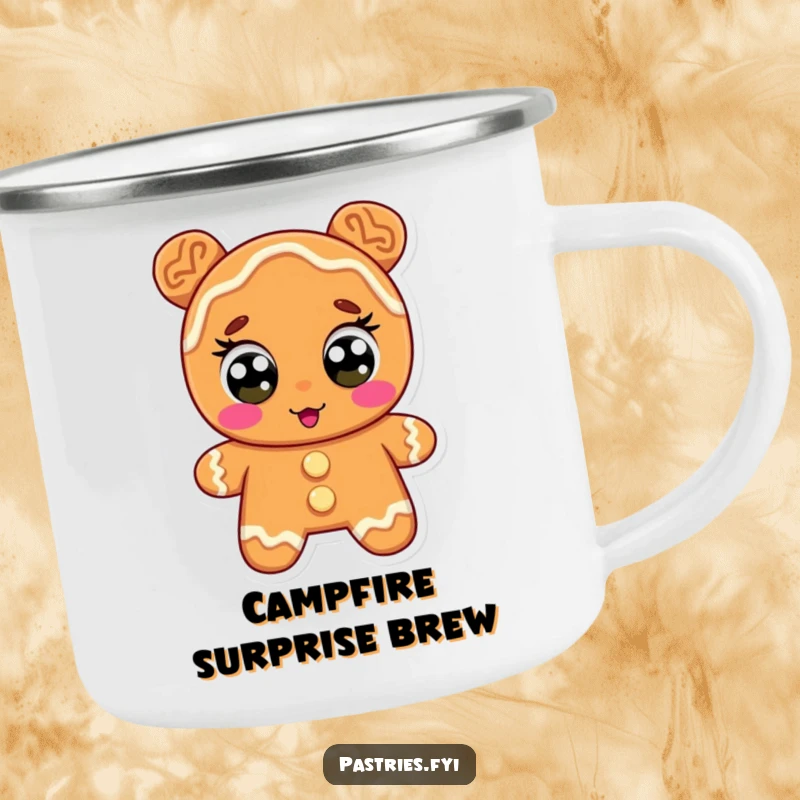 Funny gingerbread camping mug, a character with icing eyes wide in surprise, perfect for adventures and a comical moment.