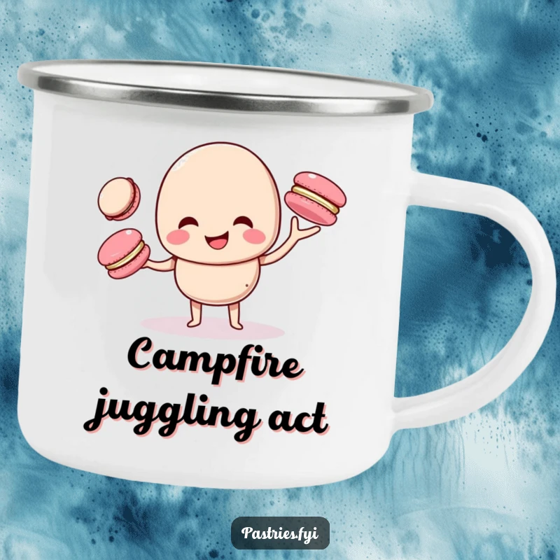 Funny macaron character giggling while juggling smaller macarons on a durable camping mug, ready for outdoor fun and laughter.