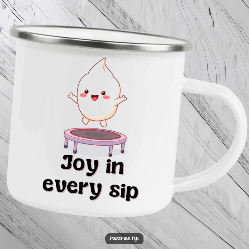 Funny kawaii meringue character bouncing on a trampoline on an enamel camping mug, designed for outdoor cheer.