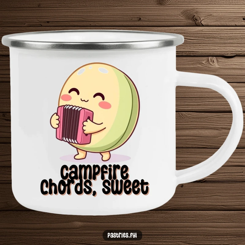 Funny Camping Mug showcasing a round macaron character enthusiastically playing a tiny accordion, ideal for outdoor beverages with a humorous and charming musical design.