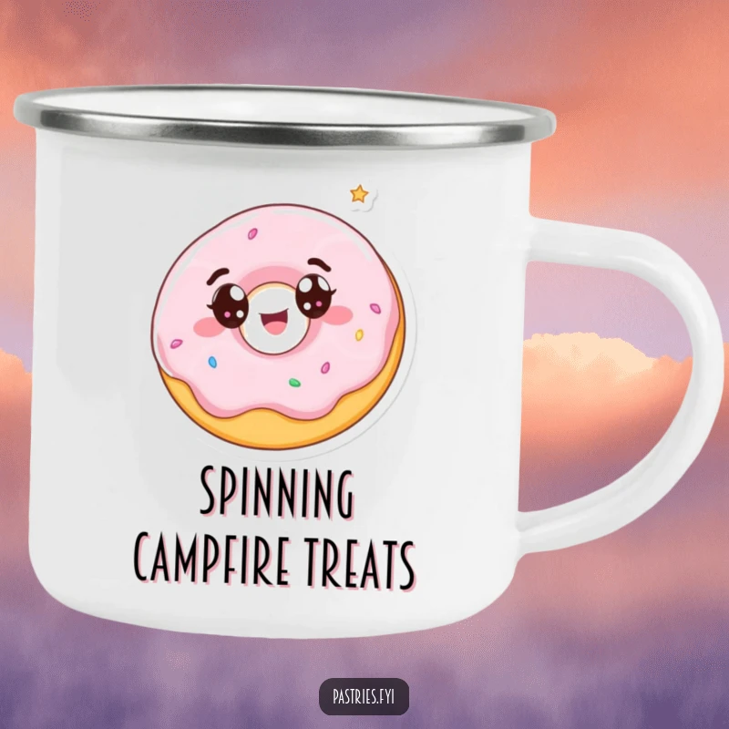 Funny camping mug displaying a wide-eyed donut character spinning with delight, perfect for adding cheer to any outdoor adventure.