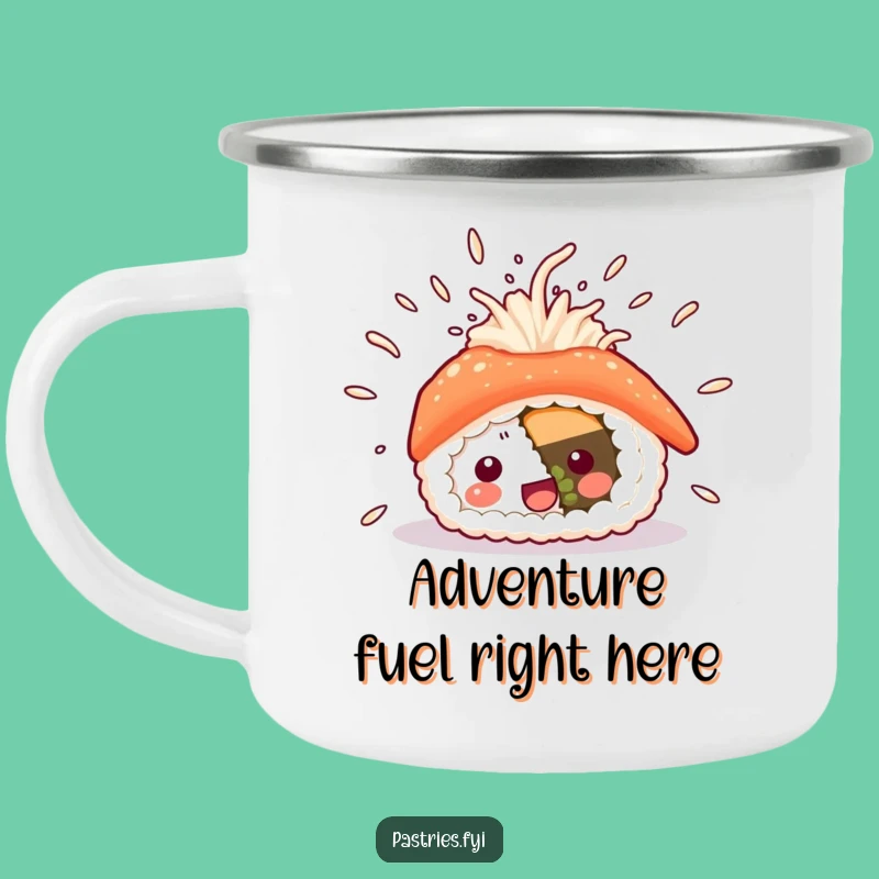 Funny Sushi Excitement Camping Mug: Rustic Flying Rice, Adventure Gift