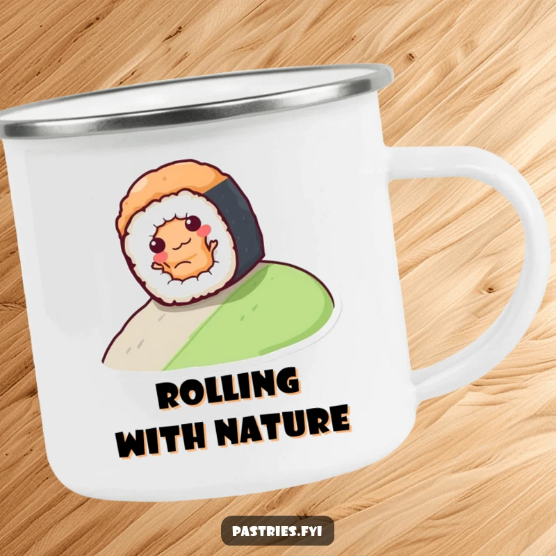Funny sushi roll character rolling down a hill on a sturdy camping mug, perfect for outdoor enthusiasts and laugh lovers.