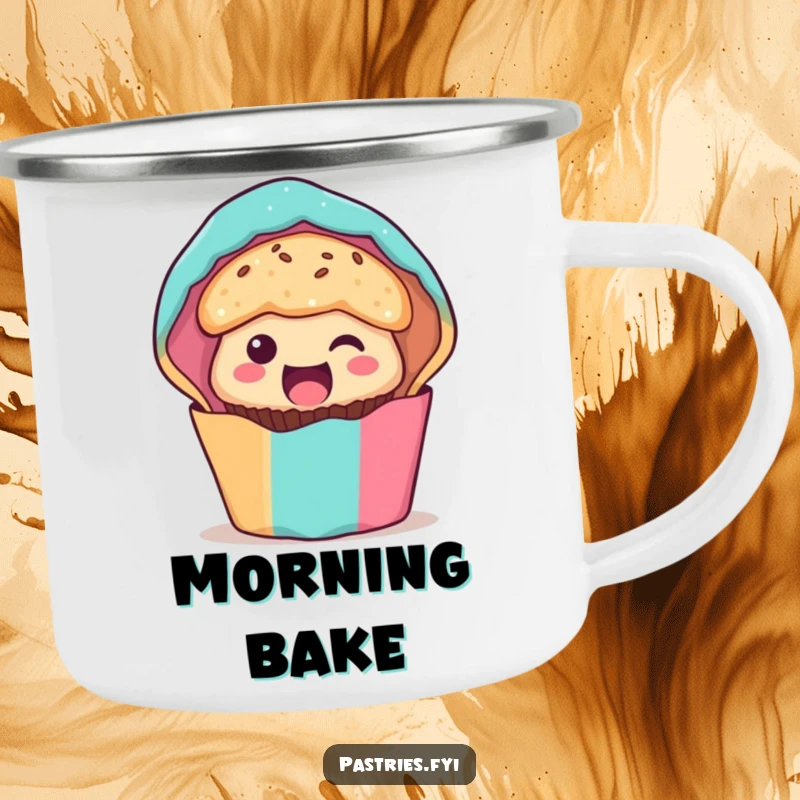 Funny muffin character camping mug, peeking excitedly from its wrapper, perfect for enjoying a warm drink with a smile outdoors.