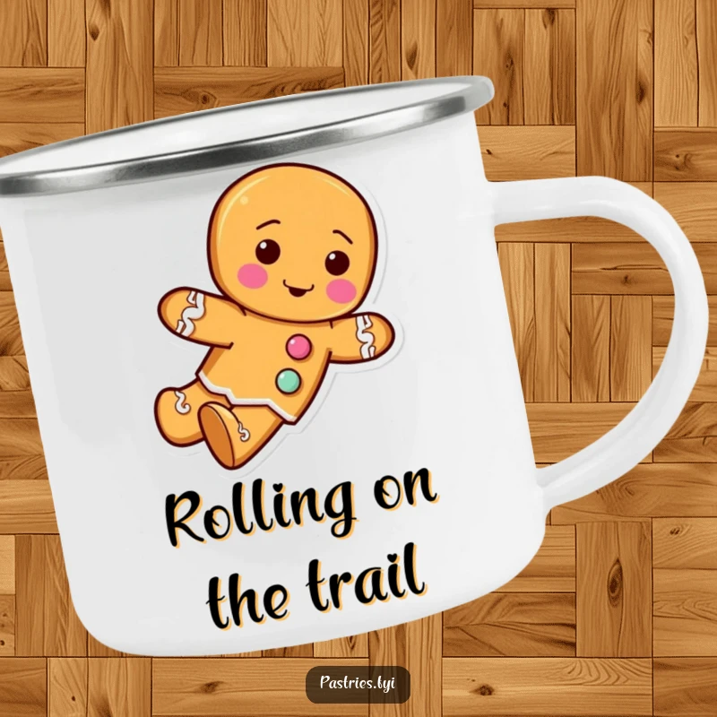 Funny camping mug with a gingerbread man character with frosting buttons, tumbling forward in a festive and durable design.