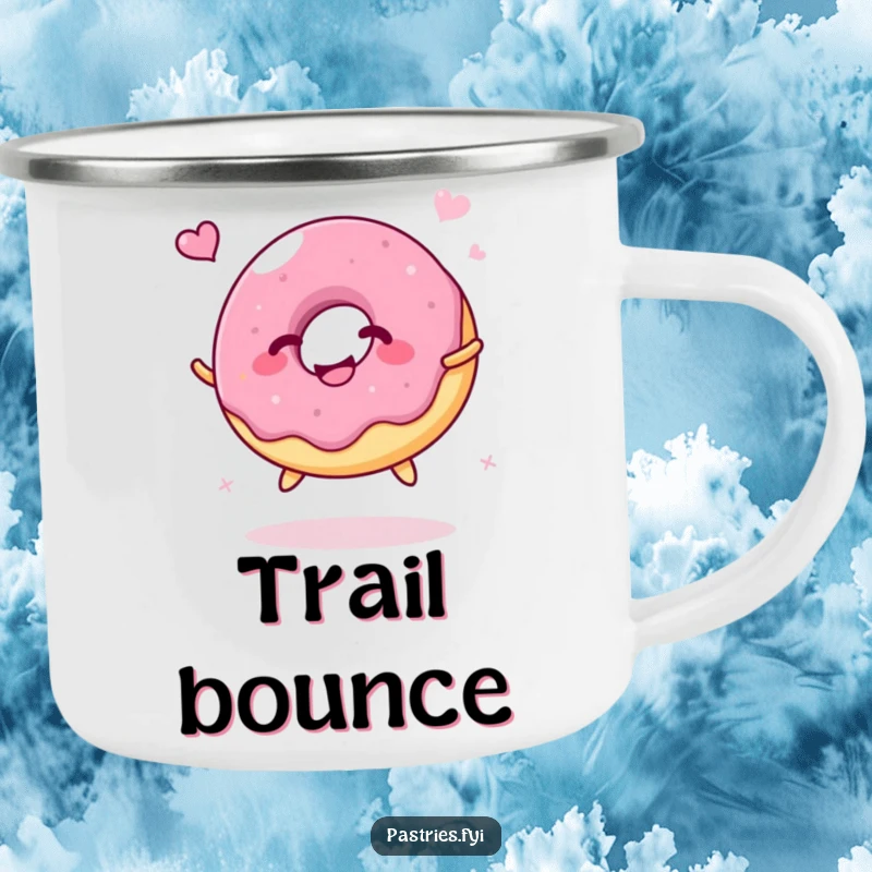 Funny Camping Mug: A giggling jelly donut character happily bouncing like a ball, perfect for outdoor enjoyment and spreading cheer.